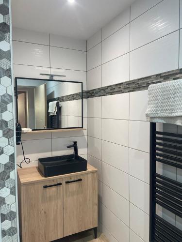 une salle de bain avec un lavabo noir et un miroir dans l'établissement Maison neuve toute équipée, à Mervans
