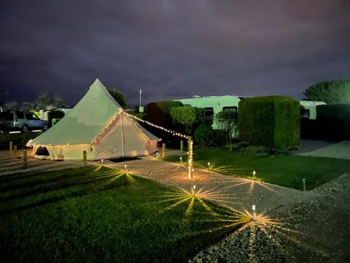 a tent in a field with lights in the grass at The Laurels Holiday Park & Cottages nr Padstow and Wadebridge in Wadebridge