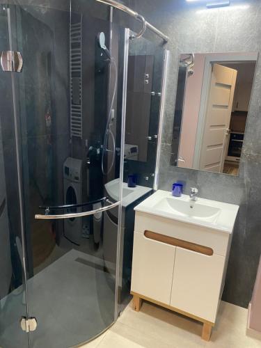 a bathroom with a shower and a sink and a mirror at Apartament Torun Jar in Toruń