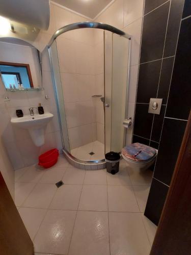 a bathroom with a shower and a toilet at Lozenets Oasis Beach Home Four in Lozenets