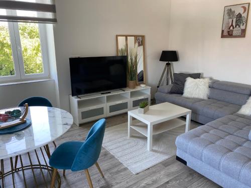 a living room with a couch and a tv at Les Rives des Habsbourg in Ensisheim