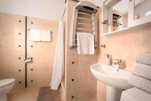 a bathroom with a sink and a toilet and a shower at Casa Mario in Riparbella