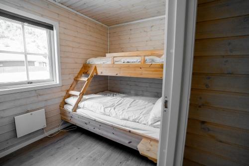 a bunk bed in a room with a window at Family Cabins in Fjæra