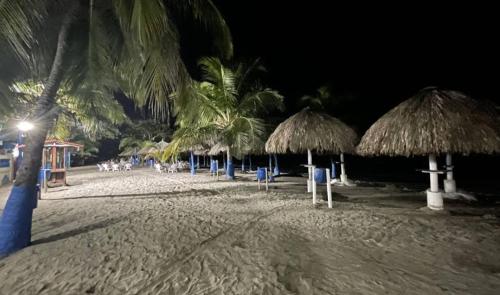 a beach with straw umbrellas and palm trees at night at Condominio, Cabaña 202 in Puerto Viejo