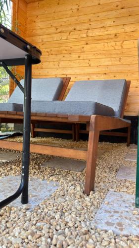 two beds sitting on a patio in front of a building at Bio-Nestlein Gartenhaus in Löffingen