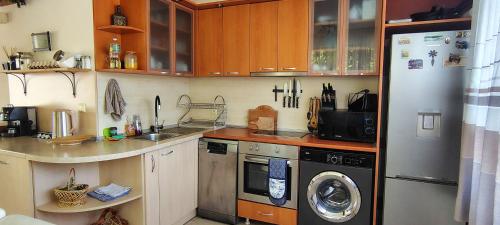 a small kitchen with a refrigerator and a dishwasher at Къща за гости ,,Ива'' in Bŭlgarevo
