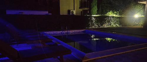 a swimming pool at night with blue lights at Къща за гости ,,Ива'' in Bŭlgarevo