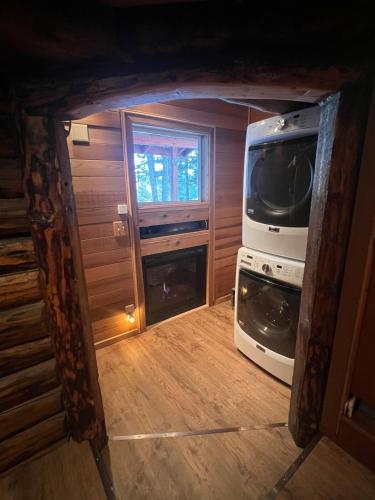 a small kitchen with a stove and a microwave at Alyeska Spruce Cabin in Girdwood