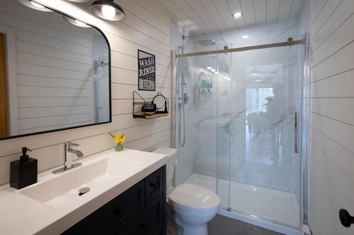 a bathroom with a shower and a sink and a toilet at Muskoka Hutt in Huntsville