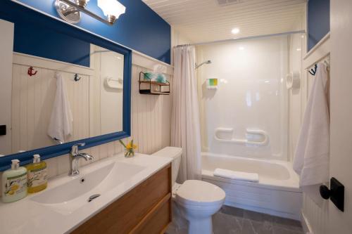 a bathroom with a sink and a toilet and a shower at Muskoka Hutt in Huntsville