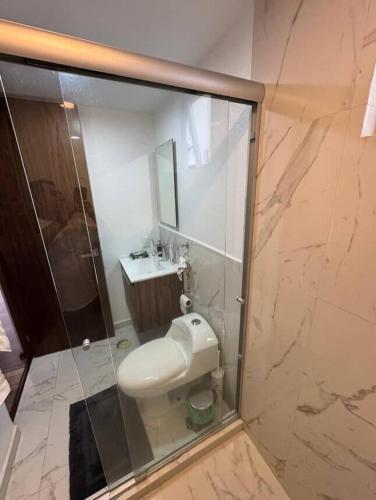 a bathroom with a white toilet and a sink at Cozy apartment, all amenities in Mexico City
