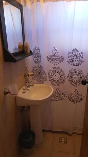 a bathroom with a sink and a shower curtain at Cabañas Rowal Malbec Potrerillos in Potrerillos