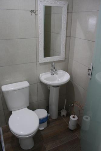 a bathroom with a toilet and a sink and a mirror at CAMINHOS do VALE EUROPEU HOSTEL in Timbó