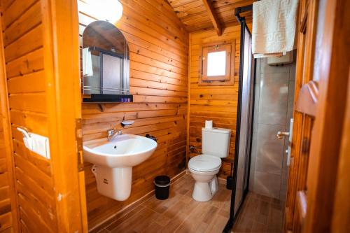 a bathroom with a toilet and a sink at Portakal Bahçesi Bungalow Hotel in Kumluca