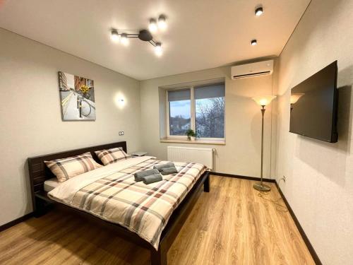 a bedroom with a large bed and a television at Voloshyna Central Loft in Ivano-Frankivsk