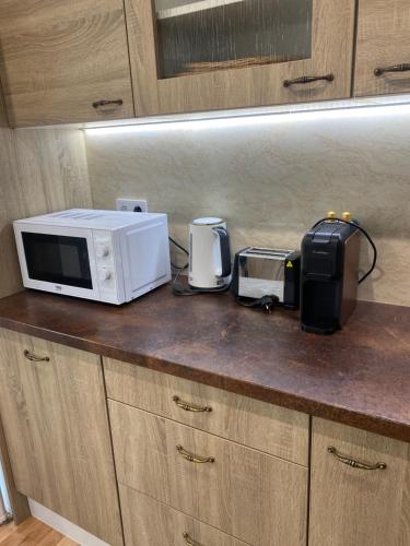 a microwave and other appliances on a kitchen counter at Apartmán Centrum in Martin