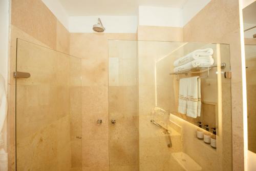 a bathroom with a shower with a glass door at Hotel Casa del Gobernador in Cartagena de Indias
