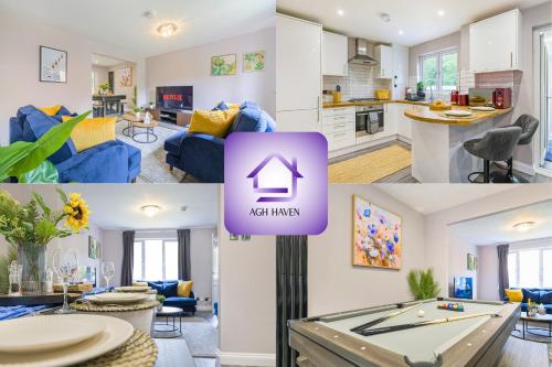 a collage of photos of a kitchen and a living room at Stunning Three Bedroom Home Central MK, Pool Table, Free Parking, Smart Tv with Netflix and Disney plus in Shenley Lodge