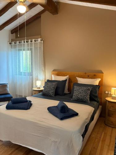 une chambre avec un grand lit avec des oreillers bleus dessus dans l'établissement Las Coumeilles, à Leychert