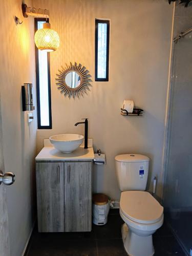 a bathroom with a sink and a toilet and a mirror at Capibara-Glamping Cabaña in La Mesa