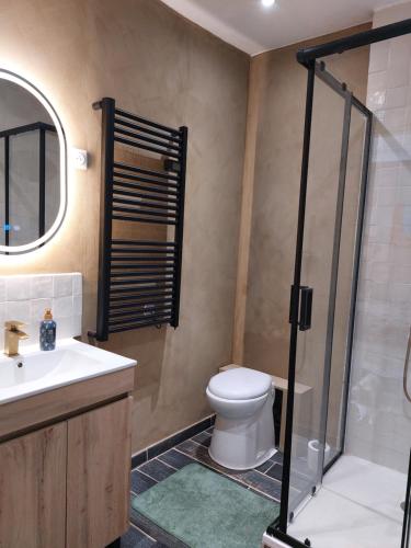 une salle de bain avec toilettes, lavabo et miroir dans l'établissement Pause Charentaise chambre avec piscine, à Cravans