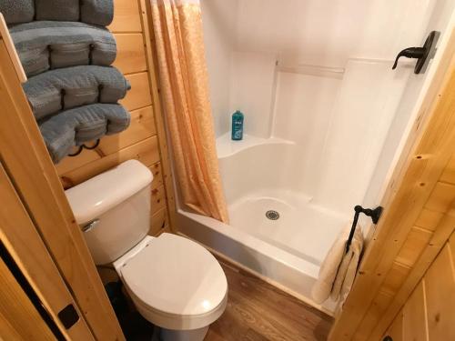 a small bathroom with a toilet and a shower at The Treehouse TN Honeymoon Cabin HOT TUB - in BSF! in Jamestown
