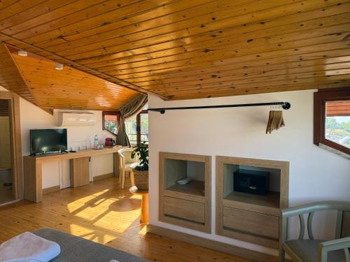 a living room with a fireplace and a wooden ceiling at Casa Vagabundo Boutique Hotel - Adults Only in Alanya