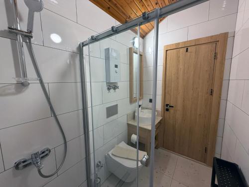 a bathroom with a toilet and a glass shower door at Casa Vagabundo Boutique Hotel - Adults Only in Alanya