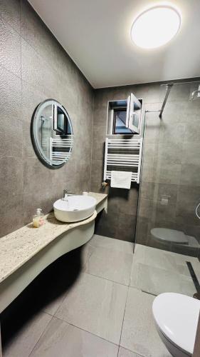 a bathroom with a sink and a mirror and a shower at Vitality Apartman in Makó