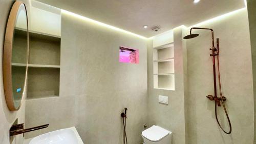 Un baño con ducha, inodoro y lavabo. en Malabata Seaview Villa, en Tánger