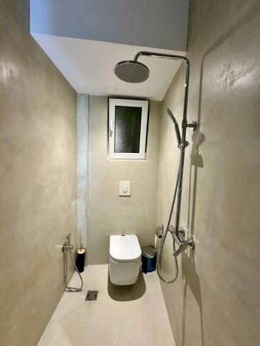 a small bathroom with a toilet and a shower at Hotel Relax City Center in Tirana