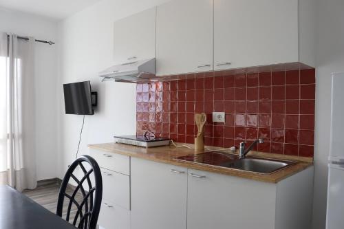 a kitchen with a sink and a red tiled wall at Sal e Luz Apartment in Santa Maria