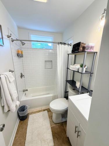 a white bathroom with a toilet and a sink at Renovated 2 Bedroom in Durham! Superhost! in Durham