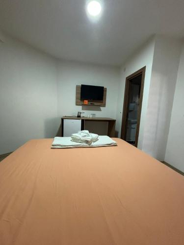 a room with a large bed with a tv on it at Apartmani Bochkar in Peštani