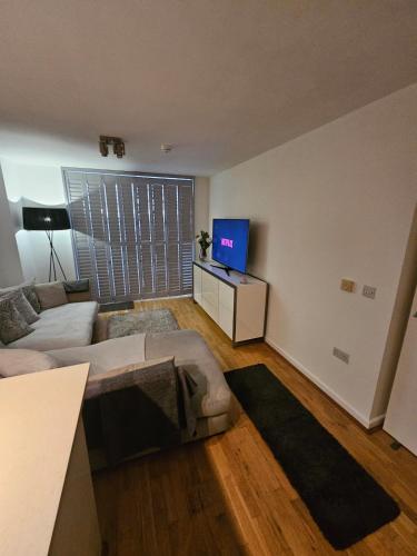 a living room with a couch and a television at Executive E15 Apartment - Skyline Terrace & Free Private Parking - 5-min Walk to Abba Arena in London