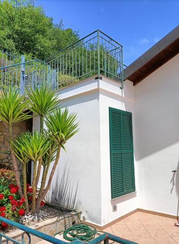 a white house with a balcony and some plants at Casa indipendente Roque Vista al mar con parking gratuito in Vallecrosia