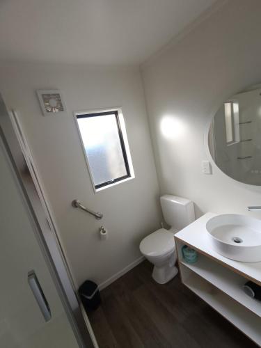 a bathroom with a toilet and a sink and a mirror at Opononi Lighthouse Motel in Opononi
