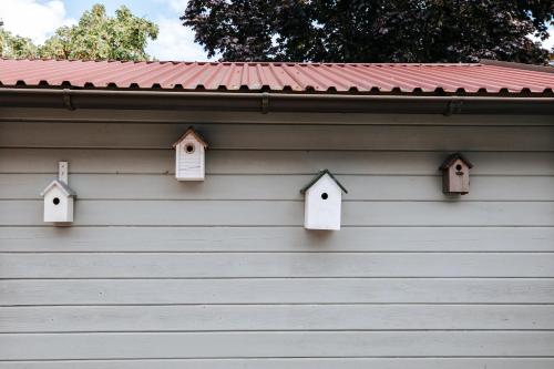 a building with four birdhouses on the side of it at Auszeit in Halbturn in Halbturn