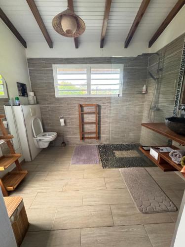 a bathroom with a toilet and a sink at Villa du FORT in Goyave