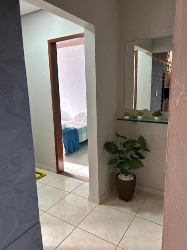 a room with a mirror and a potted plant at LUZ DO LUAR in Pedra Azul