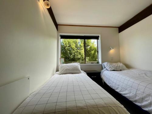 two beds in a small room with a window at tranquil cosy bush cabin in Lower Hutt