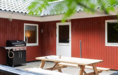 Una mesa de picnic frente a una pared roja en 3 Bedroom Beautiful Home In Ansager, en Ansager