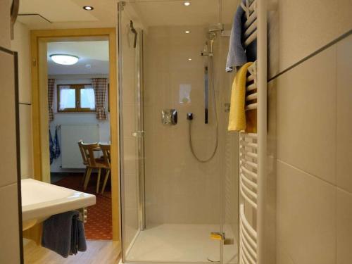 a shower with a glass door in a bathroom at 1-bedroom apartment in Riezlern