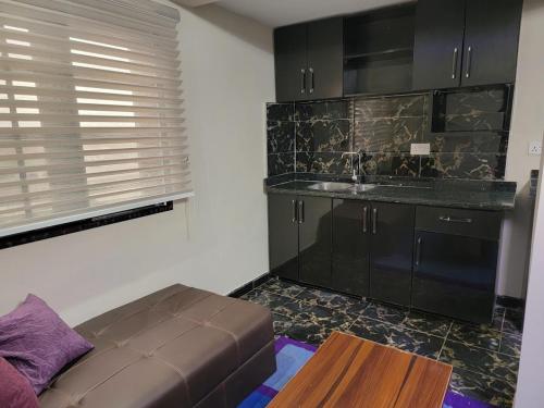 une cuisine avec des armoires noires et un canapé marron dans une pièce dans l'établissement Deluxe Apartment Room #12, à Ikeja