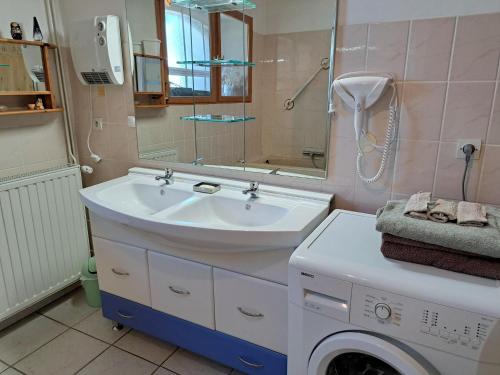 a bathroom with a sink and a washing machine at House near Lac de Madine with Historic Charm in Lahayville
