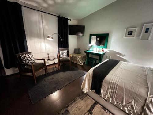 ein Schlafzimmer mit Bett, Stuhl und Schreibtisch in der Unterkunft Casa YOKO in Oaxaca de Juárez