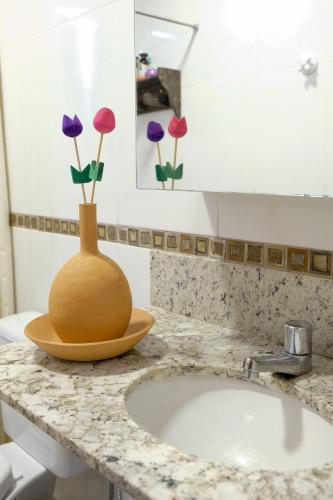 a bathroom counter with a vase with flowers in it at Conforto no Centro de Pirenópolis in Pirenópolis