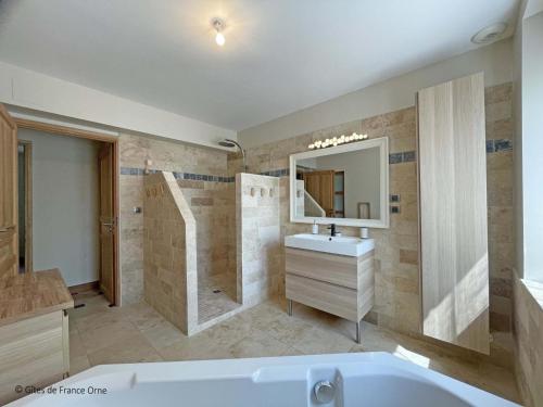 a bathroom with a tub and a sink and a mirror at Maison de campagne avec spa, jardin clos, jeux pour enfants et chemin de randonnée à proximité - FR-1-497-211 in Les Ventes-de-Bourse