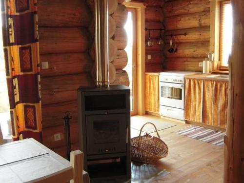 una cucina con una stufa a legna in una baita di tronchi di Chalet chaleureux avec poêle à bois et internet à Saint-Martin-la-Sauveté - FR-1-496-184 a Saint-Martin-la-Sauveté