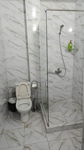 a bathroom with a toilet and a glass shower at Travel Point hotel in Bishkek